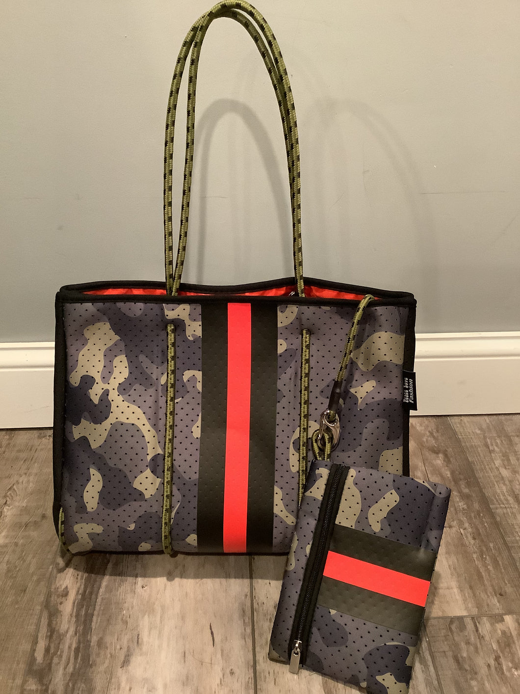 Olive Camouflage Red Stripe with black side panels Neoprene Tote