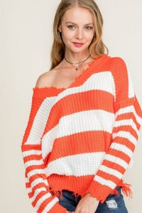 Frayed V Neck Stripe Sweater - Orange/White.