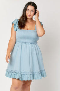 PLUS SOLID SMOCKED RUFFLE MINI DRESS - DUSTY BLUE