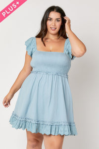 PLUS SOLID SMOCKED RUFFLE MINI DRESS - DUSTY BLUE