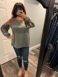 PLUS SIZE Long sleeve solid knit top with a round neck featuring a puff sleeve and a leopard print trim - Ivory or Olive