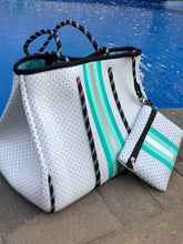 White with Mint & Silver Stripe Neoprene Tote