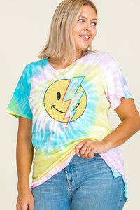 PLUS TIE DYE HAPPY FACE GRAPHIC PLUS TOP 🙂