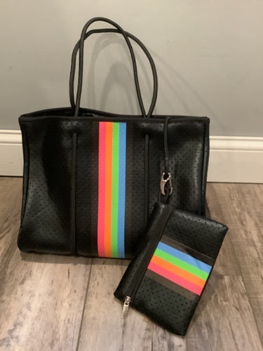 Black Metallic with Rainbow Stripe Neoprene Tote 🌈