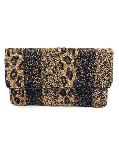 Leopard & Cheetah Strip Beaded Clutch