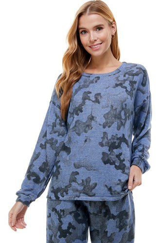 T-PARTY HAND STAMP DYE ROUND NECK L/S TOP - BLUE