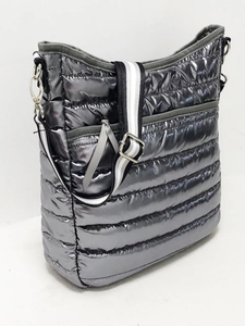 Puffer Crossbody with Striped Strap - Black, Silver or Gunmetal