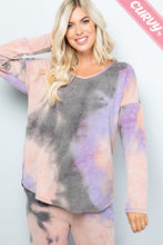 PLUS Long sleeve Tie-Dye Print top V-neck line. Very soft and comfortable  Pink Magenta, Mauve Charcoal or Blue Charcoal