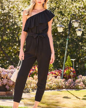 One Shoulder Ruffle Elastic Waist Belt Tie Side Pocket Solid Jumpsuit - Black