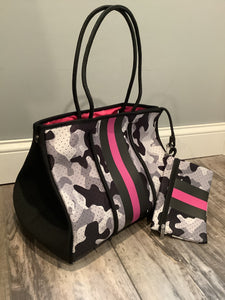 Grey Camo Pink Stripe Neoprene Tote Black Strap 💖