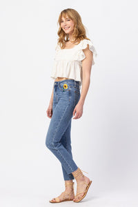 JUDY BLUE HI-RISE RELAXED SUNFLOWER EMBROIDERY