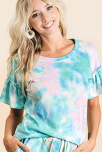 TIE DYE TEXTURED KNIT TOP WITH GATHERED SHORT SLEEVES - PASTEL BLUE or PASTEL GREEN.