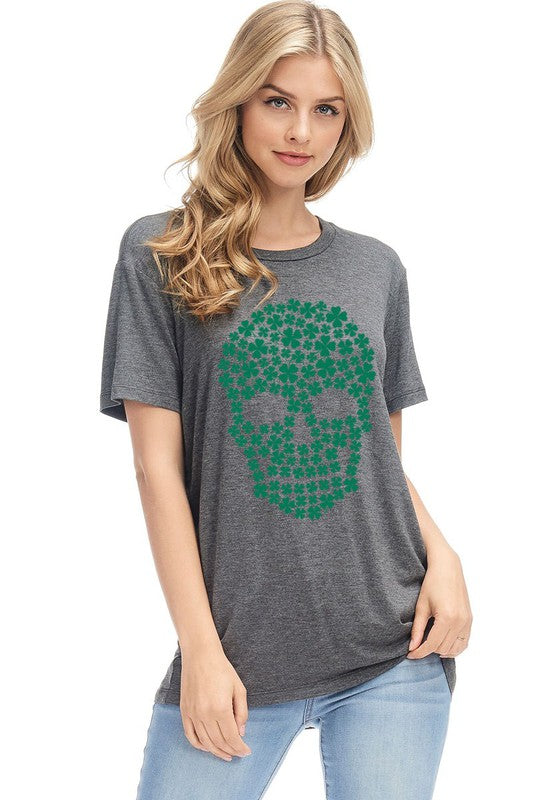 🍀 CLOVER SKULL ST PATRICK'S DAY GRAPHIC, ROUND NECK TEE - Charcoal or Black