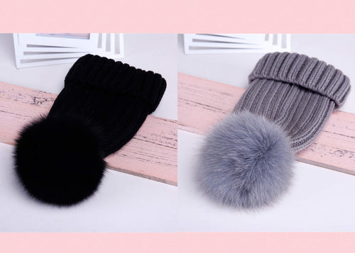 Solid Ribbed Knit Hats w/ Removable PomPom - Black or Grey