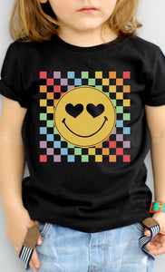 Rainbow Checkerboard Smiley Kids Graphic Tee - Black