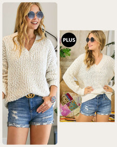 SOLID V-NECK SWEATER - IVORY