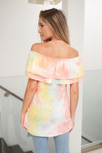 Off the shoulder tie dye knit top featuring an overlay ruffle - Orange