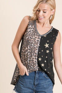 SLEEVELESS PRINT MIX FRONT TOP WITH CONTRAST - available with gold or silver stars