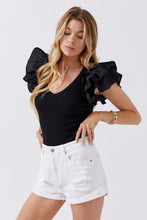 RUFFLE SLEEVE V-NECK BODYSUIT - Black, Pink or White