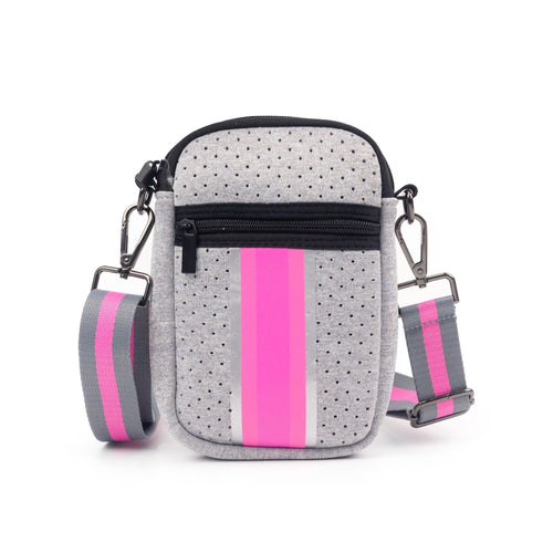 GREY PINK STRIPE MULTI ZIPPER NEOPRENE PHONE HOLDER W/1.25