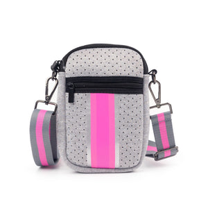 GREY PINK STRIPE MULTI ZIPPER NEOPRENE PHONE HOLDER W/1.25" STRIPE STRAP