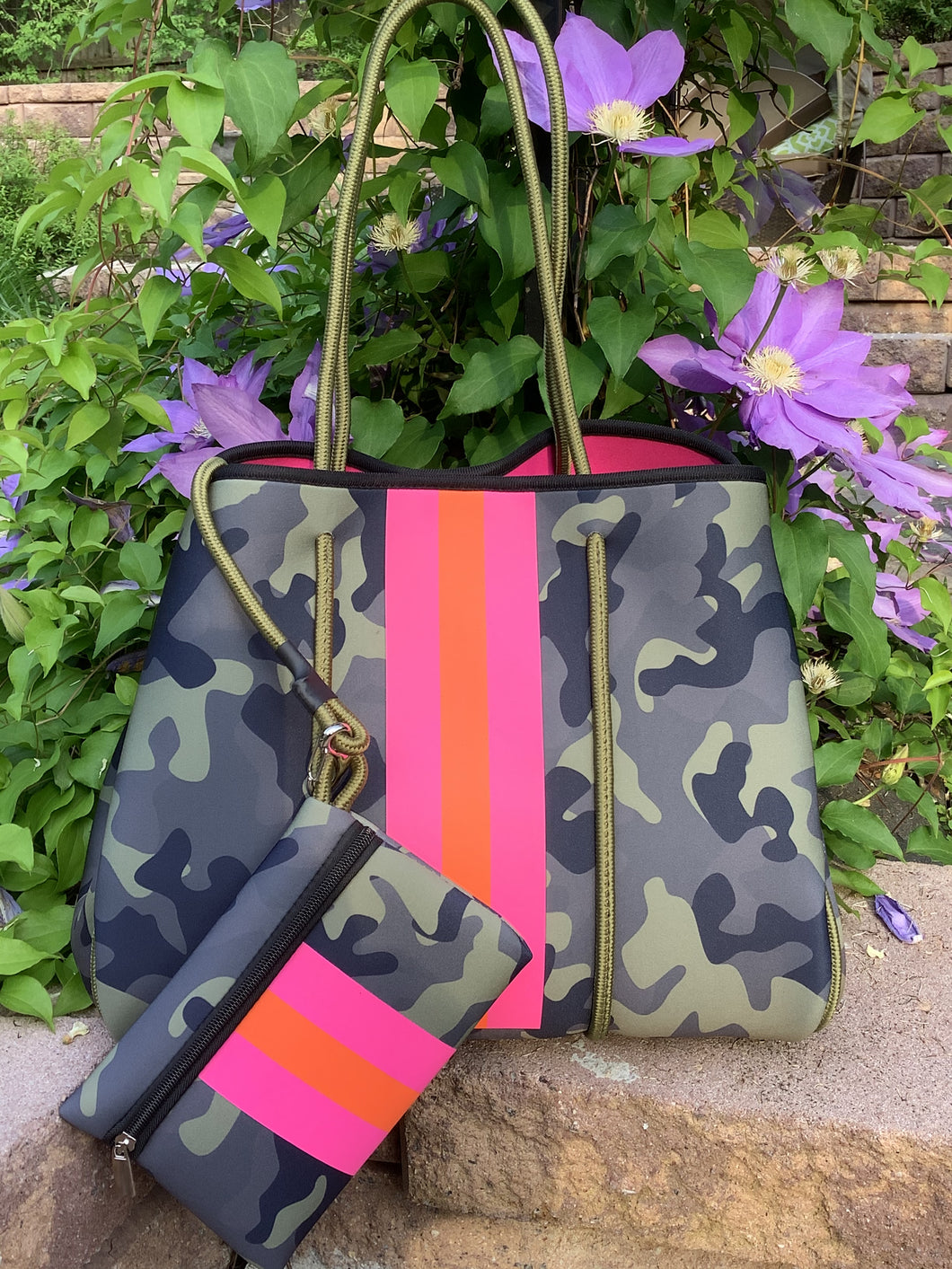 Green Camo with Orange/ Pink Stripe Neoprene Tote bag 🧡💗