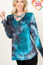 LONG SLEEVE CRISSCROSS V NECK ROUND HEM TIE DYE PRINT TOP PLUS SIZE - BLACK/IVORY, BLACK/BURGUNDY or BLACK/TEAL