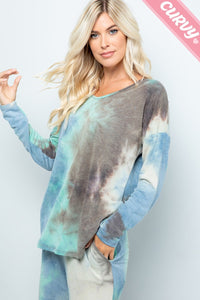 PLUS Long sleeve Tie-Dye Print top V-neck line. Very soft and comfortable  Pink Magenta, Mauve Charcoal or Blue Charcoal