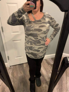 CAMOUFLAGE PRINT ROUND NECKLINE LONG SLEEVE TOP WITH CUTOUT SHOULDER DETAIL- ARMY GREY or ARMY OLIVE