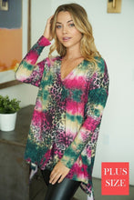 Plus Size long sleeve multi animal print knit top with a v-neck featuring a side slit and a high low hemline - Green/Pink