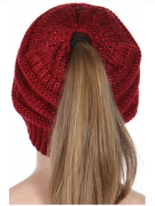 C.C Metallic Messy Bun tail beanie