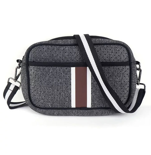 Grey with Merlot/White Stripe Neoprene Crossbody Bag