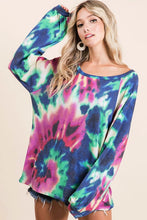 TIE DYE PRINT TERRY TOP WITH PUFF SLEEVES - FUCHSIA/CHARCOAL or FUCHSIA/DENIM