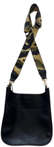 AHDORNED BLACK VEGAN MESSENGER W/GOLD STUDS & GOLD CAMO 2" ADJUSTABLE STRAP