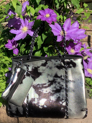 Black Metallic Silver Tiedye Neoprene Tote