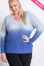 PLUS COLOR BLOCK LONG SLEEVE V-NECK SWEATER- BLUE OMBRÉ