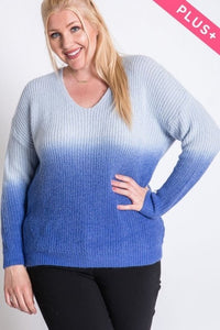 PLUS COLOR BLOCK LONG SLEEVE V-NECK SWEATER- BLUE OMBRÉ