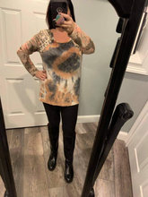 TIE DYE DISTRESSED KNIT TOP WITH LEOPARD SHOULDER BLOCK AND TIE DYE PRINT SLEEVES - CHARCOAL/BLUE MIX or CHARCOAL/RUST MIX