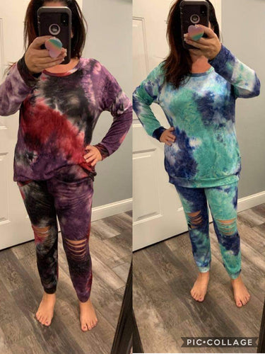 TIE DYE MULTI COLOR TOP W/ JOGGER SET - NAVY/AQUA or BLACK/EGGPLANT/MAGENTA