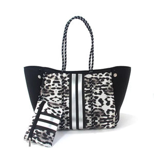 Grey/Black Leopard Neoprene Tote with Silver Stripe