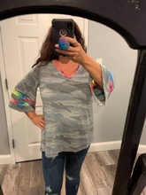 Plus Size bell sleeve camouflage knit top with a v-neck featuring a tie dye trim detail and a loose fit - Grey Camo