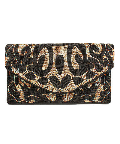 Abstract Paisley Beaded Clutch - Black