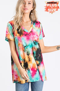 PLUS SHORT SLEEVE V NECK MULTI PRINT TOP