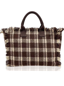 Plaid Fringe Tote Bag - Brown or Black