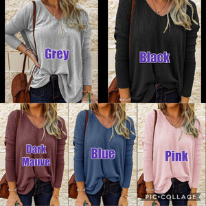 V- Neck Solid Waffle Top - Assorted Colors