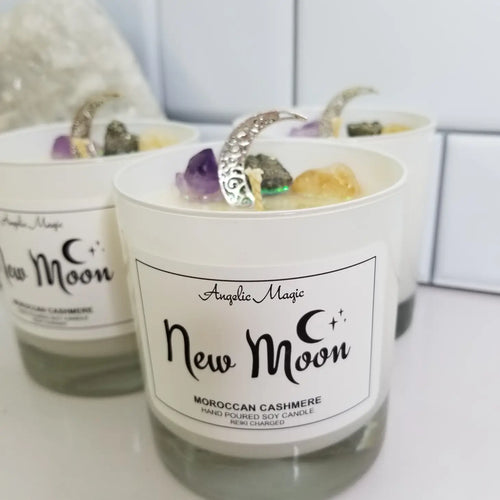 New Moon Crystal Soy Candle, Pyrite, Amethyst, Citrine