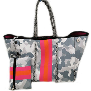 Grey Camouflage with Neon Orange/Pink Stripe Neoprene Tote bag 🧡💖