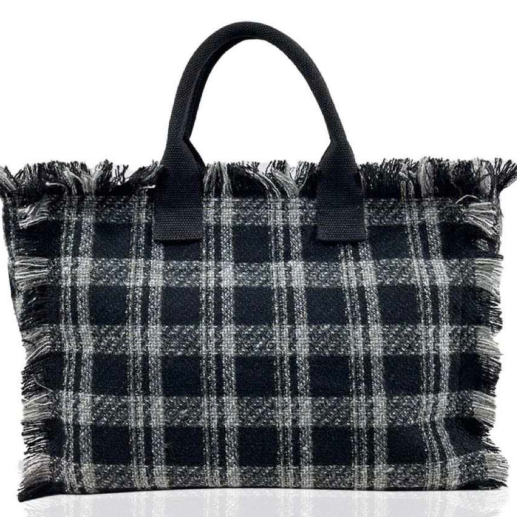 Plaid Fringe Tote Bag - Brown or Black