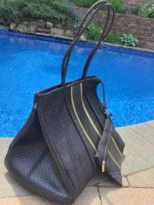 Black Denim Look with Gold Stripe Neoprene Tote