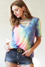 TIE DYE TERRY V-NECK TOP WITH STRAPPED FRONT NECK - CHARCOAL TIE DYE